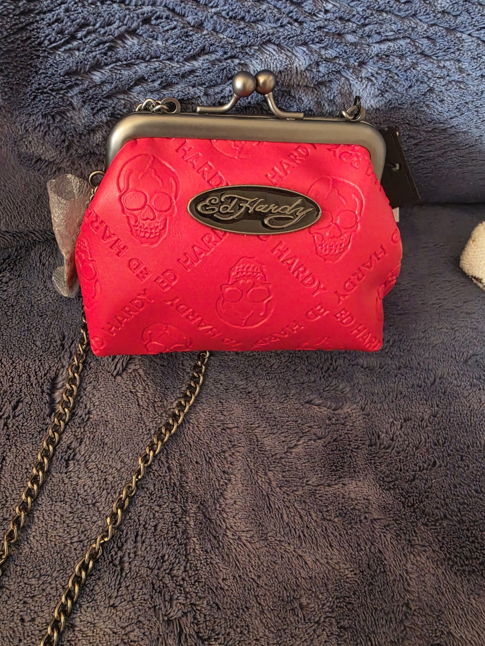Ed Hardy Bright Red Embossed Skull Crossbody Bag with Chain Strap
